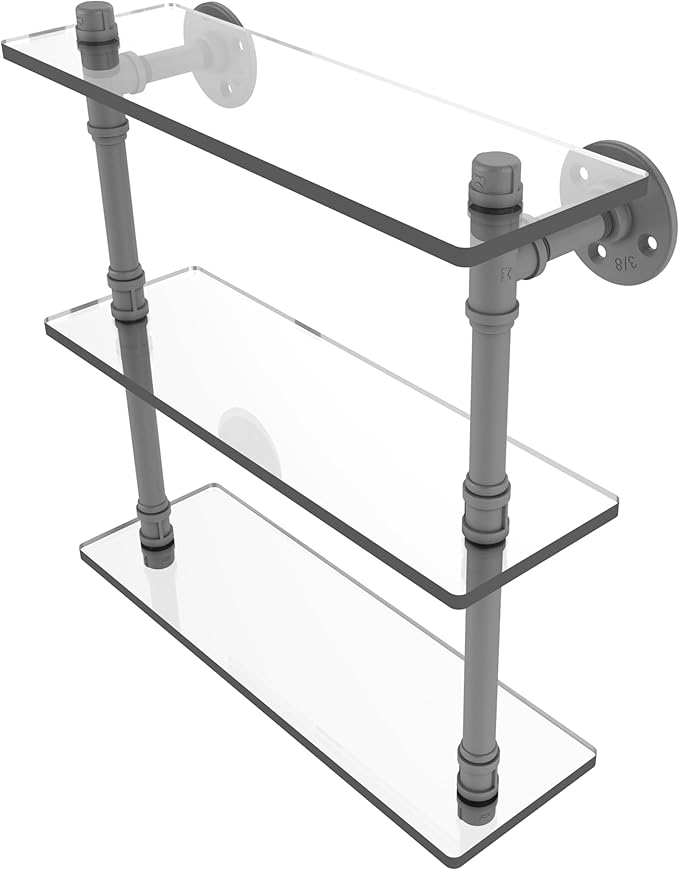 Allied Brass P-440-16-TGS-GYM Pipeline Collection 16 Inch Triple Glass Shelf, Matte Gray