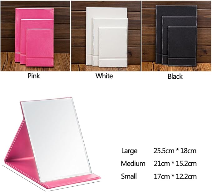 JOLY Protable PU Leather Mirror Folding Desktop Makeup Mirror with Adjustable Stand for Personal Use,Travelling (M, Pink)