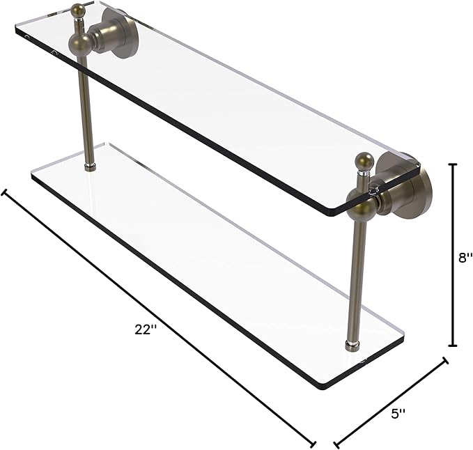 Allied Brass AP-2/22 Astor Place Collection 22 Inch Two Tiered Glass Shelf, Antique Brass