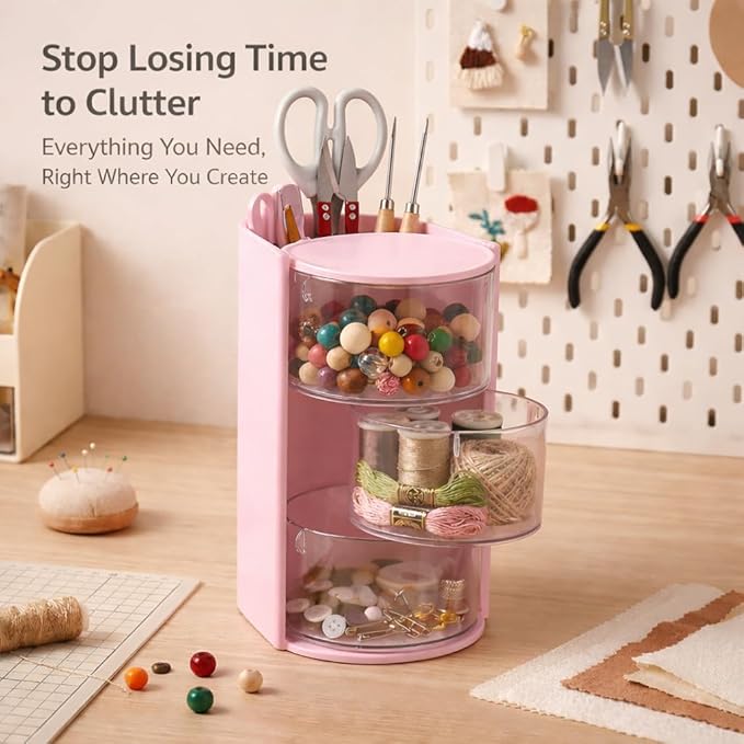 Hair Accessories Organizer with Hair Brush Holder, Rotating Makeup Brush Caddy for Girls Women, 3-Tier Clear Storage for Hair Clips, Ties, Jewelry & Necklaces, Pink