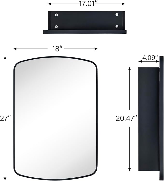 Black Arched Recessed and Surface Mount Bathroom Medicine Cabinet with Mirror Metal Framed Rectangular Bathroom Cabinet with 3 Tempered Glass Adjustable Shelves 18x27''