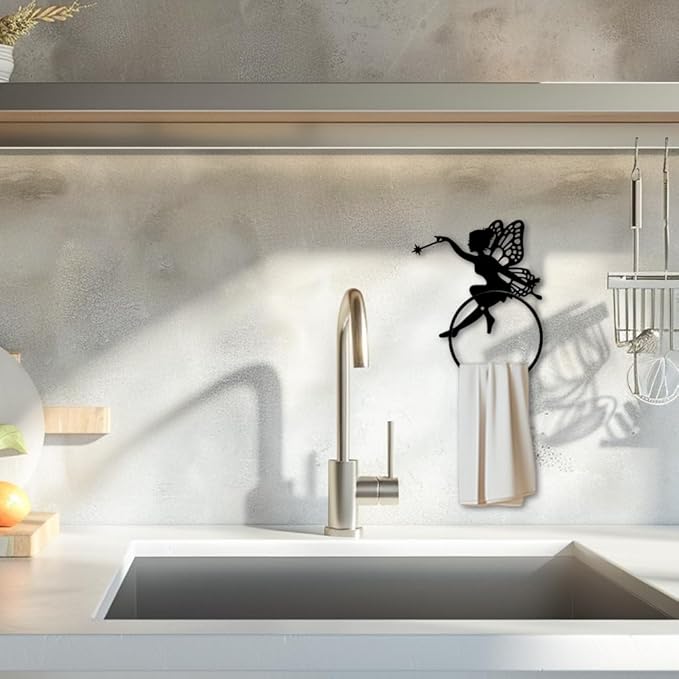 MAYJOYDIY Fairy Metal Towel Ring Elf Wings Towel Holder for Wall Fantasy Fairy Wand Towel Ring Black Plant Towel Rack Wall Mounted for Bathroom Kitchen Towel Hanger Home Decors Gift