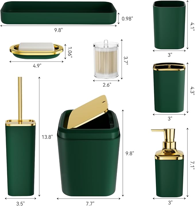 XLHOMO Bathroom Accessories Set - Luxury Green Bathroom Set, 9 Pieces Bathroom Accessory Set, Dark Green Bathroom Accessories with Trash Can, Toilet Brush & Soap Dispenser