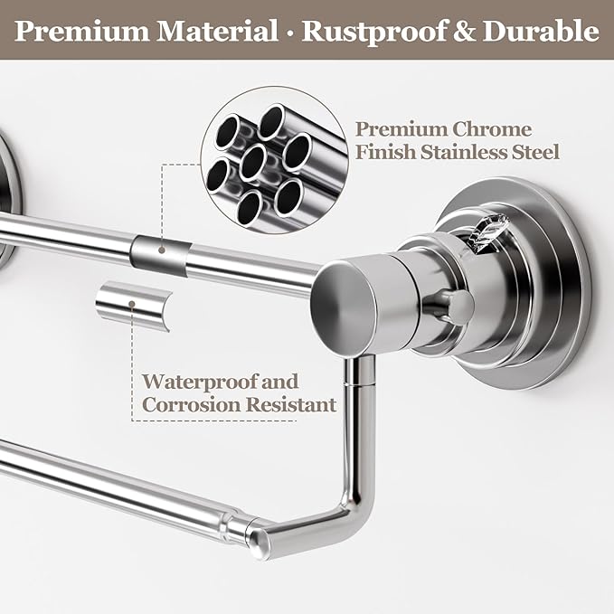 Suction Cup Double Towel Bar Adjustable 13"-25", Bath Sheet Rack Stainless Steel for Glass Shower, Powerful Vacuum Towel Holder for Bathroom, Kitchen, RV, and Renters