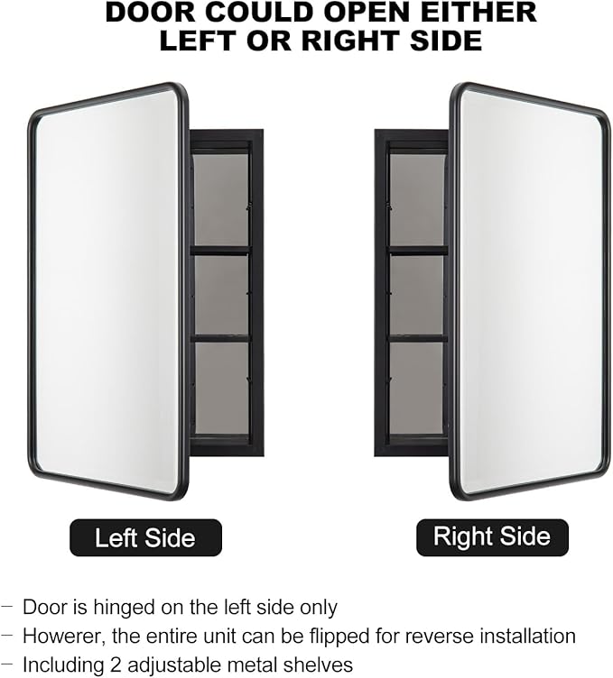 Black Bathroom Medicine Cabinet with Mirror 16 x 24 Metal Frame Recessed Or Wall Mounted Single Door Storage Medicine Cabinet with Adjustable Shelves Rounded Rectangle Beveled Mirror