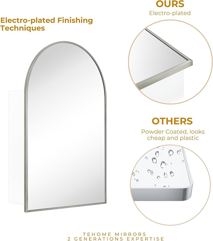 TEHOME 24 x 36'' Brushed Nickel Arch Bathroom Medicine Cabinet with Mirror Recessed and Surface Mounted Medicine Cabinet Mirror