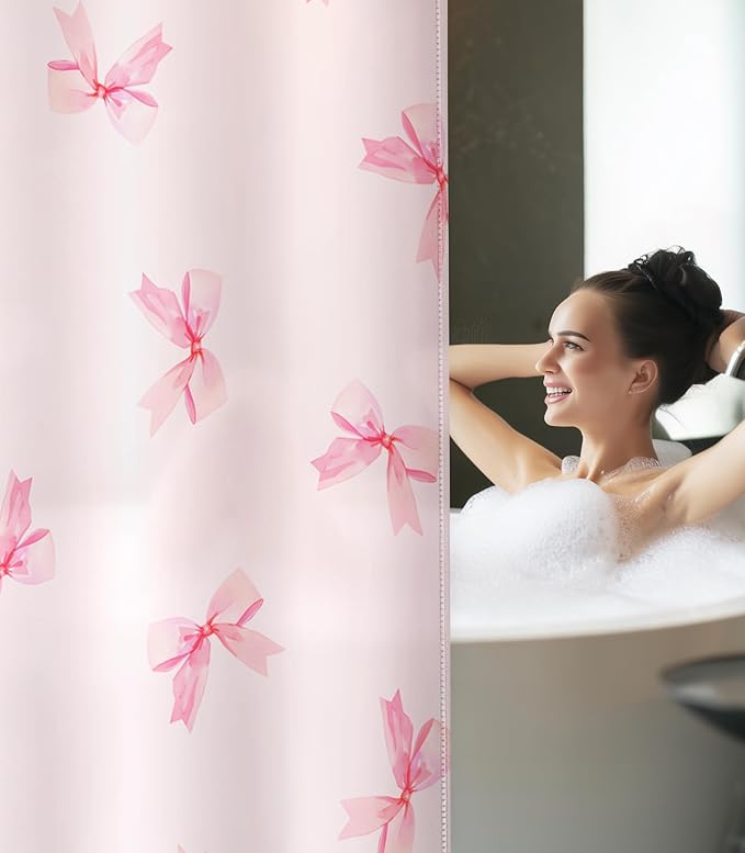 MAMUSE Shower Curtain for Bathroom - Cute Aesthetic Decorative Modern Girly Unique Girls Design Pretty Women Waterproof Fabric Cloth Cortinas de Baño Bathtub 72 x 72 Inch, Pink Bow