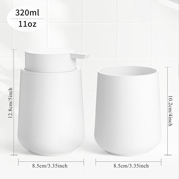 Matte White Bathroom Accessories Set Plastic Hand Soap Dispenser and Toothbrush Holders 2 Piece