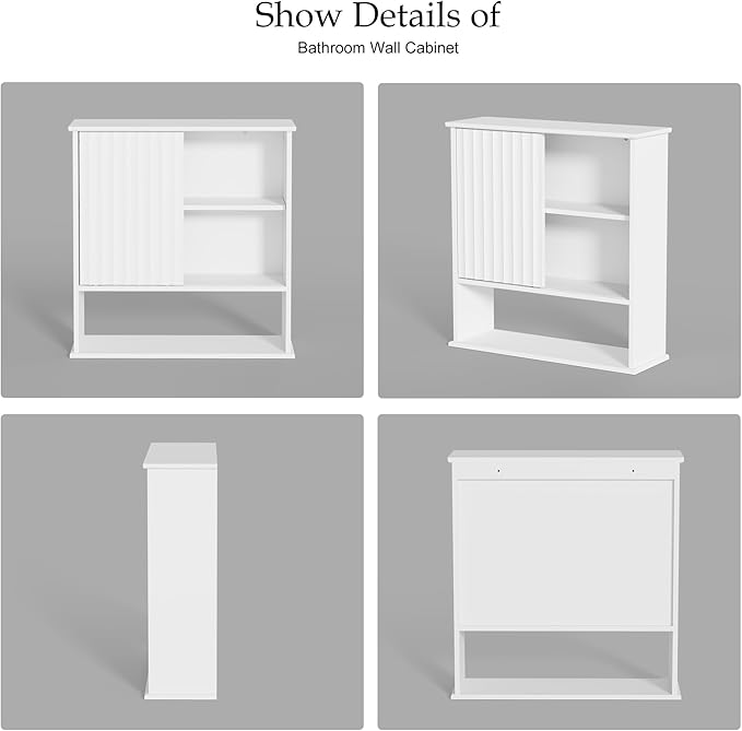 Fluted Bathroom Wall Cabinet with Sliding Door, 24" x 22" Upgraded All Painted Wood Medicine Cabinet with 3-Point Adjustable Shelf, Over Toilet Wall Mounted Cabinet Organizer for Bathroom