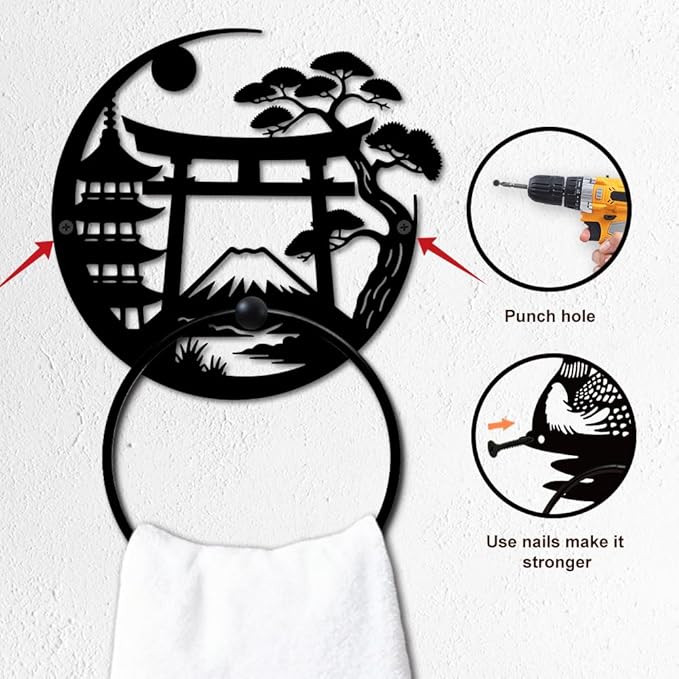 MAYJOYDIY Japanese Metal Towel Ring Round Fujisan Scenery Hand Towel Holder Torii Gate Ring Hanger Wall Mount Black Vintage Towels Wall Organizer for Kitchen Bath Home Laundry Room Decors Gifts