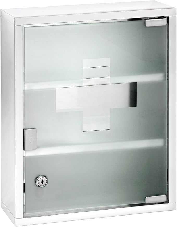 WENKO Medicine Cabinets with Lock, Wall Mounted Over The Toilet Storage Shelves, First Aid Bathroom Wall Cabinet with Safety Glass Door, Medium, 11.8 x 15.7 x 4.7 in, Silver Shiny