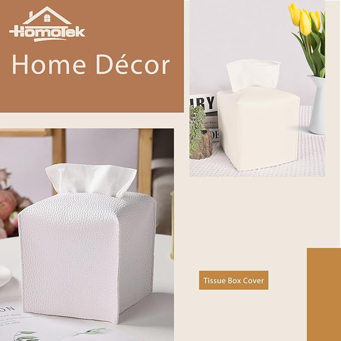 HOMOTEK 2 Pack Tissue Box Cover, Square PU Leather Tissue Holder, Decorative Facial Tissue Cube Paper Organizer Dispenser for Bathroom, Night Stands, Desk, Car 5X5X5'' - White, Pebble Grain