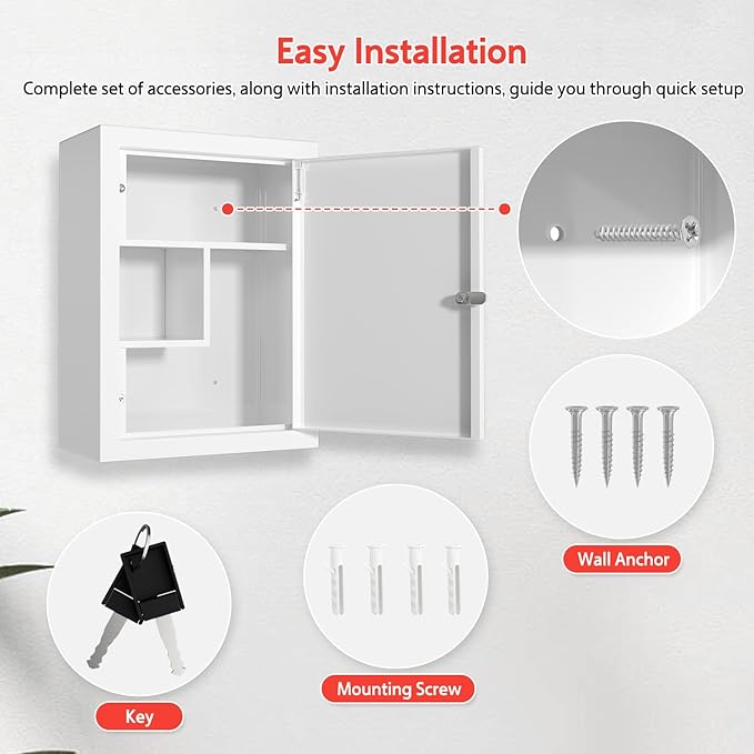 Locking Medicine Cabinet Wall-Mount: Storage Cabinet with Lock & Key - White Metal First Aid Kits for Childproofing and Family Safety