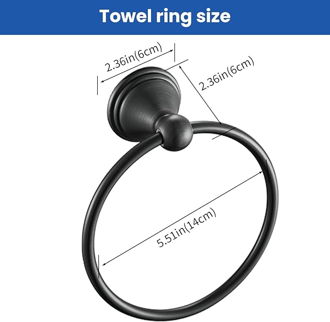 sagetta Matte Black Bathroom Hand Towel Holder Towel Ring 5.55-Inch Bath Towel Ring Diameter Wall Mount