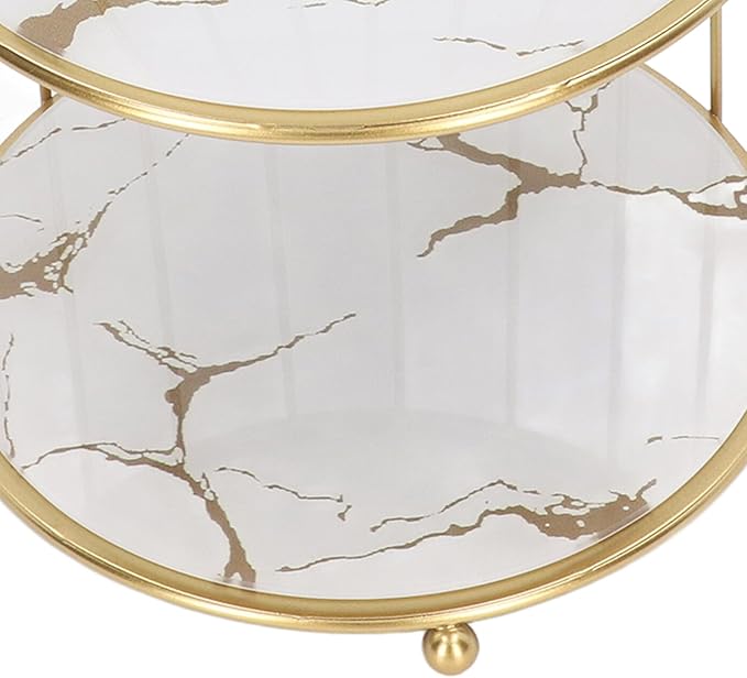 Double Layer Storage Shelf Bird Cage Organizer Display Rack for Bathroom Countertop Dressing Table Gold Frame (White Base Gold Pattern)