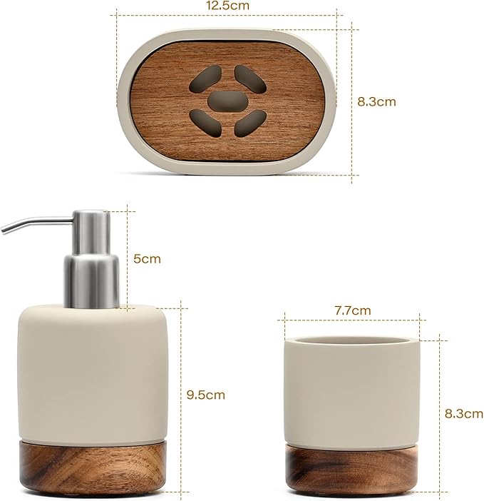 Bathroom Accessories Set 3 Piece Bath Ensemble Includes Soap Dispenser, Tumbler, Dish for Decorative Countertop & Housewarming Gift (Concrete with Acacia Wood)