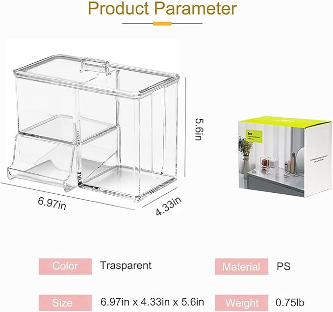 Cotton Buds Organizer - 3-Grid Q-tip Dispenser, Acrylic Crystal Clear Storage Box with Lid, Cosmetic Canister Case