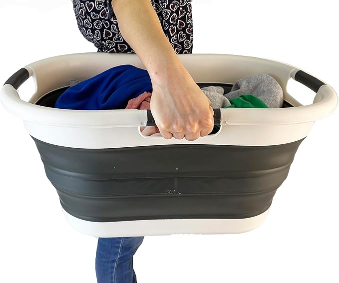 SAMMART 40L (10.5 gallon) Collapsible Plastic Laundry Basket - Foldable Pop Up Storage Container/Organizer - Portable Washing Tub - Space Saving Hamper/Basket (1, Warm Grey/Black)