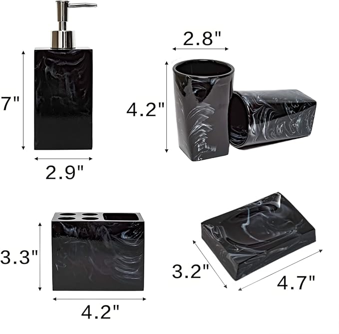 5 Piece Bathroom Accessories Set, Marble Resin Bathroom Vanity Set, Soap Dispenser, Toothbrush Holder, Soap Dish & 2 Tumblers, Bathroom Countertop Organizer Set (Ink Black)