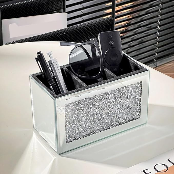 Luxury Rhinestone Mirror Makeup Brush Storage Holder - Elegant Organizer for Brushes, Eyeliners, and Cosmetics - Multi-Functional Makeup Caddy with Plush Interior (Silver)