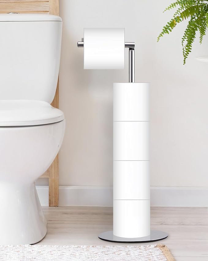 Toilet Paper Holder Stand, Free Standing Toilet Paper Roll Holder with Reserve, Modern Bathroom Toilet Paper Stand for 4 Rolls, Chrome, Housen Solutions