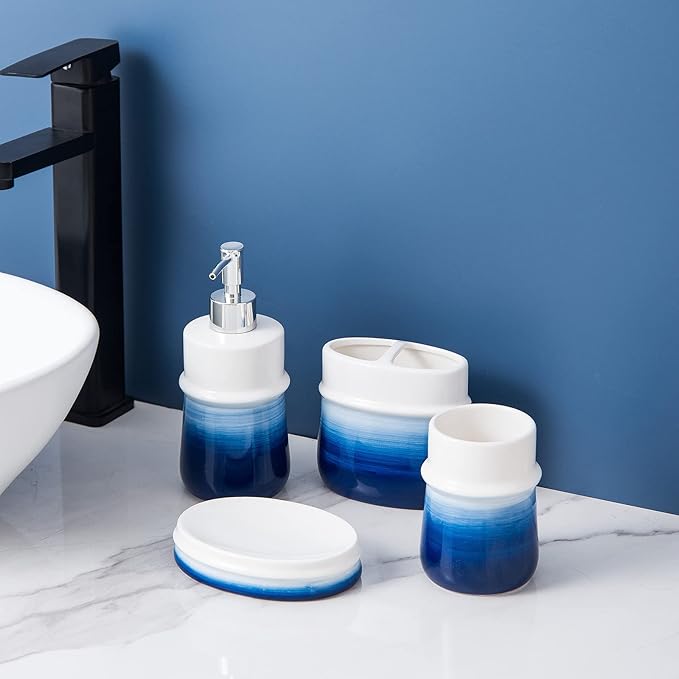 Navy Blue Bathroom Accessories Set, 4-Piece Blue Ceramic Bathroom Decorations Accessories Set,Contain Toothbrush Cup,Soap Dispenser,Soap Dish,Tumbler