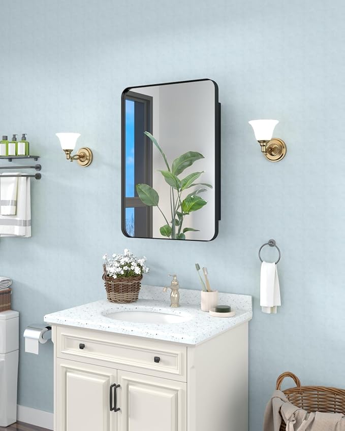 16"x24" Bathroom Medicine Cabinet with Mirror, Recessed and Surface Mount Medicine Cabinet Bathroom Mirror with Storage, Waterproof Black Metal, Stable and Removable 2 Metal Shelves, Easy Installation