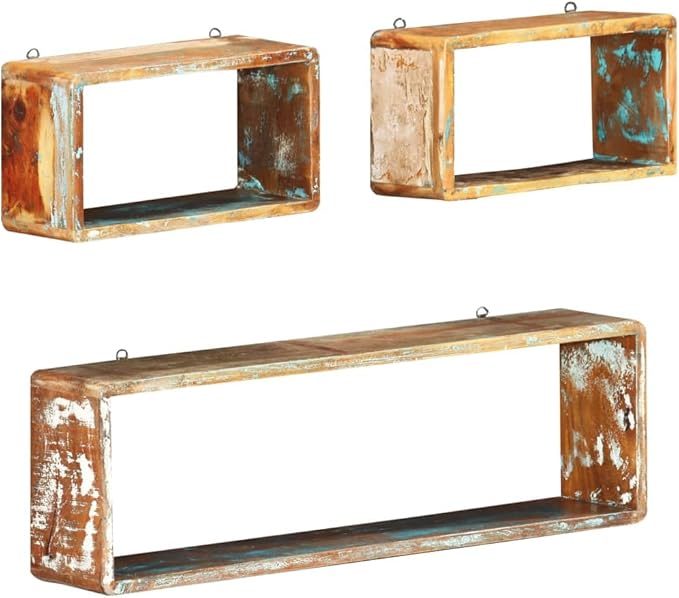 3 Piece Wall Cube Shelf Set, Solid Reclaimed Wood Floating Shelves for Living Room Bedroom, Unique Handmade Decorative Storage for Books Plants Decor