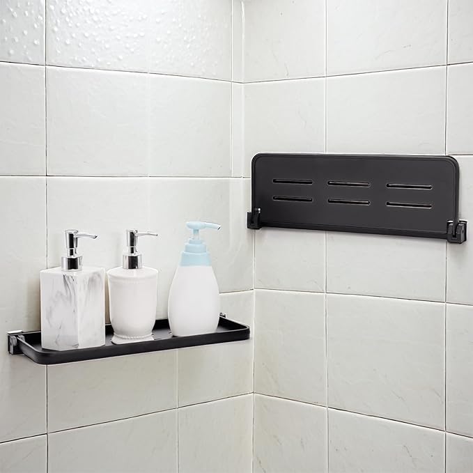 DEAYOU 2 Pack Folding Wall Shelf for Bathroom, 90° Fold Up Floating Shelf, Wall Mounted Drop Down Metal Shelves for RV, Campers, Laundry Room, Toilet Room, Kitchen, Waterproof, Space Saving, 15.7"