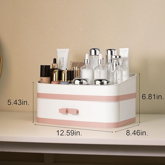 INVSSENE Large Makeup Organizer Countertop, Stackable Vanity Organizer with Drawer Cosmetic Organizer Tray, Make Up Organizers for Vanity, Makeup Storage Counter(Light Pink)
