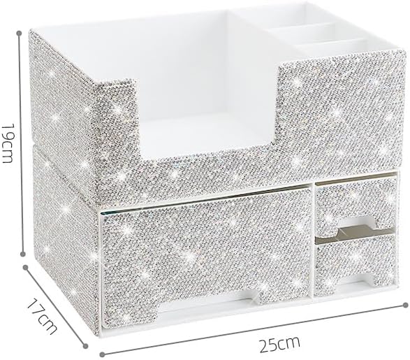 Luxury Bling Rhinestone Multi-functional Makeup and Daily Necessities Storage Box Organizer with Drawers - Large Capacity, Versatile Desktop Cosmetic Organizer (Silver)