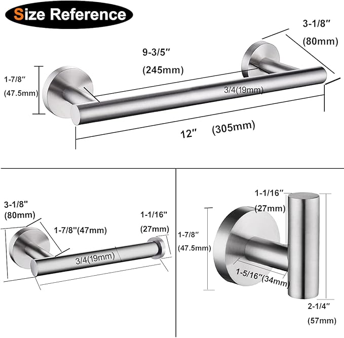 Nolimas 3-Pieces Set Brushed Nickel Bathroom Hardware SUS304 Stainless Steel Round Wall Mounted - Includes 12" Hand Towel Bar, Toilet Paper Holder, Robe Towel Hooks,Bathroom Accessories Kit