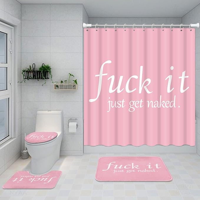 ArtSocket 4PC Pink Funny Get Naked Shower Curtain Sets Bathroom Decor with Rugs, Non-Slip Rug,Toilet Lid Cover, Bath Mat and 12 Hooks 72x72 inches