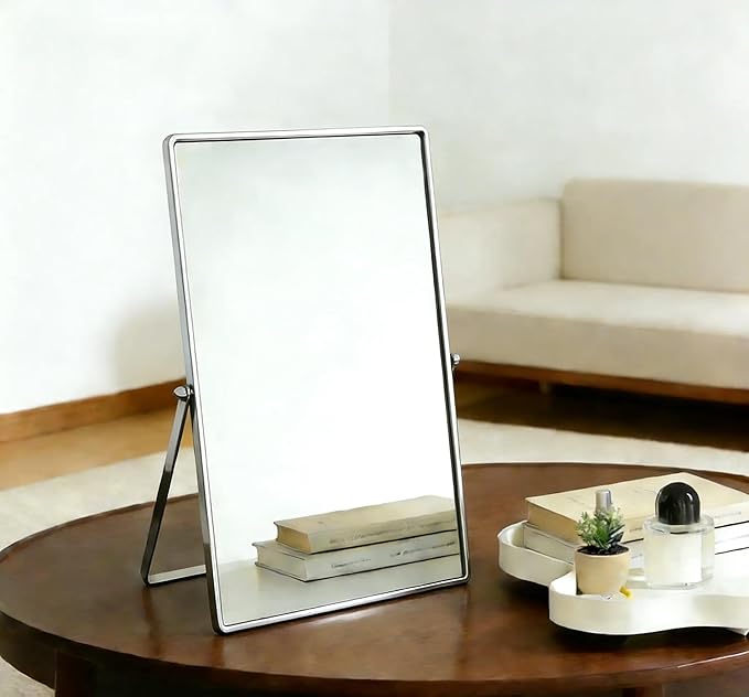 Feyarl Desktop Makeup Vanity Mirror Vertical Tabletop Mirror 90° Rotation Decorative Standing Cosmetic Mirror for Bedroom Bathroom Desk Dresser (Silver)