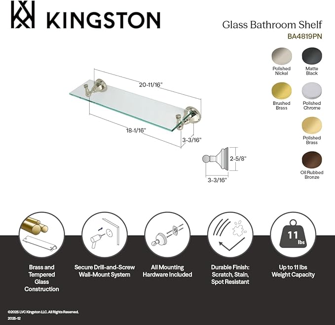 Kingston Brass BA4819PN Metropolitan Glass Shelf, Polished Nickel