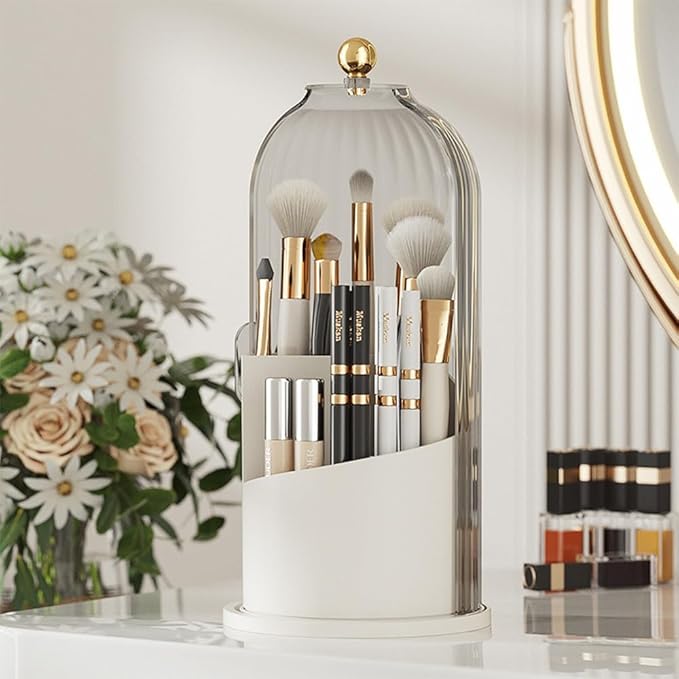 Makeup Brush Holder Organizer with Lid, 360?? Rotating Clear Dustproof Cosmetics Storage, Makeup Brushes Cup Pen Holder for Vanity Desktop Bathroom Countertop (Clear White Cap)