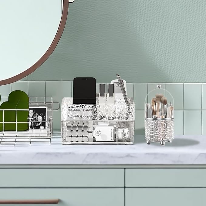 CrazyHome Makeup Organizer Countertop | Cosmetic Organizer for Vanity | Clear Organizers for Skincare, Lipstick 3-in-1 Makeup Storage Combo with Rotating Brush Holder & Stackable Drawer Box