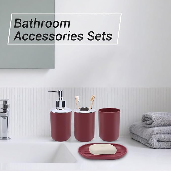 Red Bathroom Accessories Set, 4-Piece Plastic Bathroom Set with Soap Dispenser, Toothbrush Holder, Rinse Cup & Soap Dish, Bold Red Bathroom Decor for Home