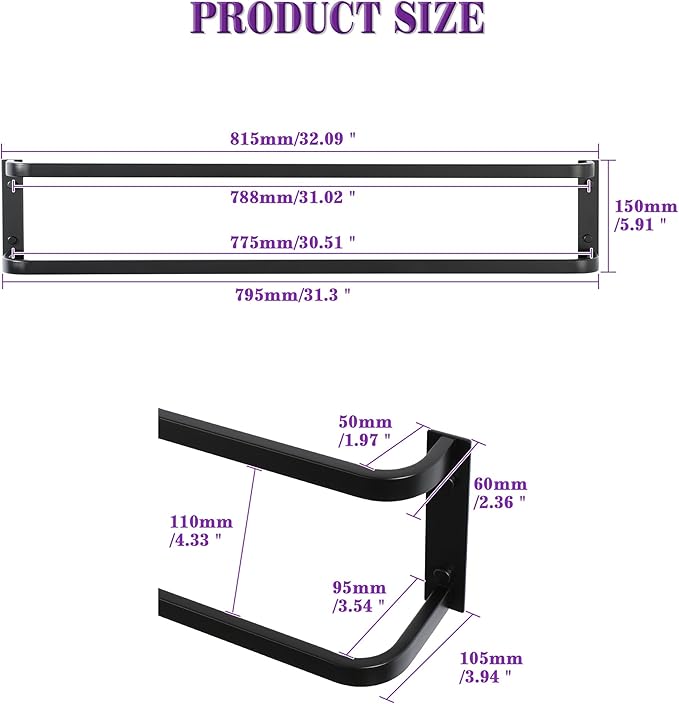 Alise Double Towel Bars for Bathroom,32'' Towel Holder Towel Racks for Bathroom Wall Mount,SUS304 Stainless Steel Double Towel Rail Towel Hanger,Matte Black