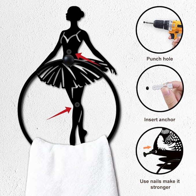 MAYJOYDIY Ballet Metal Towel Ring Round Eleglant Ballerina Hand Towel Holder Ring Hanger Black Vintage Towels Wall Organizer for Kitchen Bath Home Laundry Room Decors Gifts