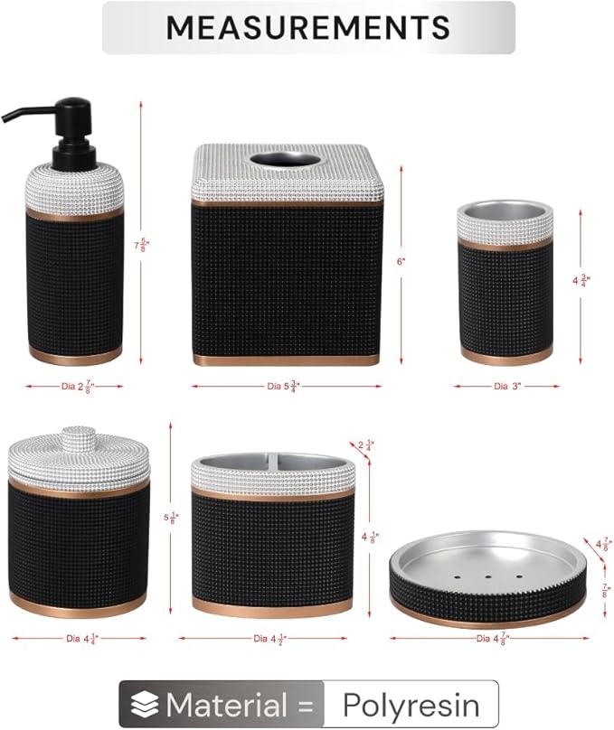 Decozen Bathroom Accessories 6Pcs Set, Soap Dispenser, Toothbrush Holders, Tumbler, Soap Dish & Cotton Swab Jar – Modern Bathroom Decor, Modern Farmhouse Decor, Countertop Accessories, Black