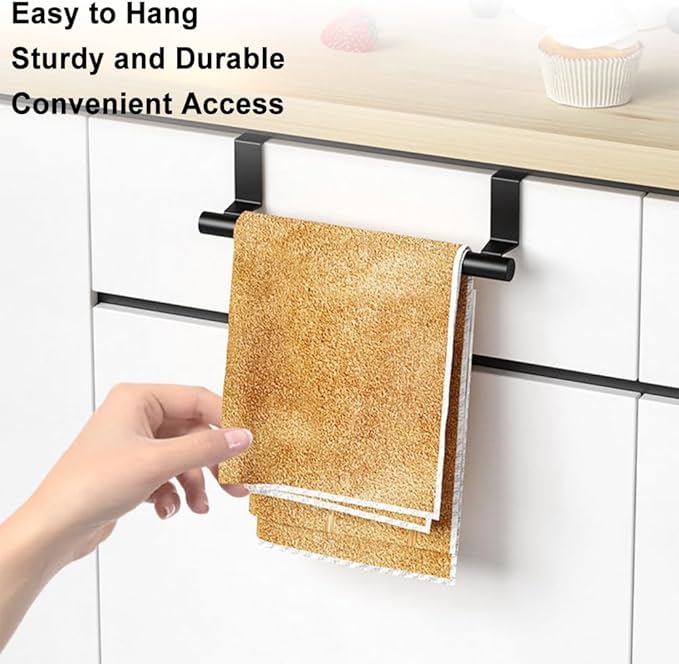 Cabinet Door Towel Bar, Dish Towel Rack for Cabinet, Stainless Steel kitchen Towel Holder, Over the Door Hand Towel Hanger for Kitchen Bathroom Cupboard, 2 Pack (2*Small Black)