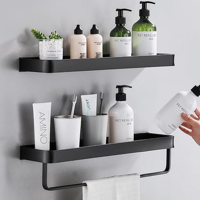 Bathroom Shelves Wall Mounted, Floating Shelf with Towel Bar, 2 Tier Bathroom Wall Organizer(Black)