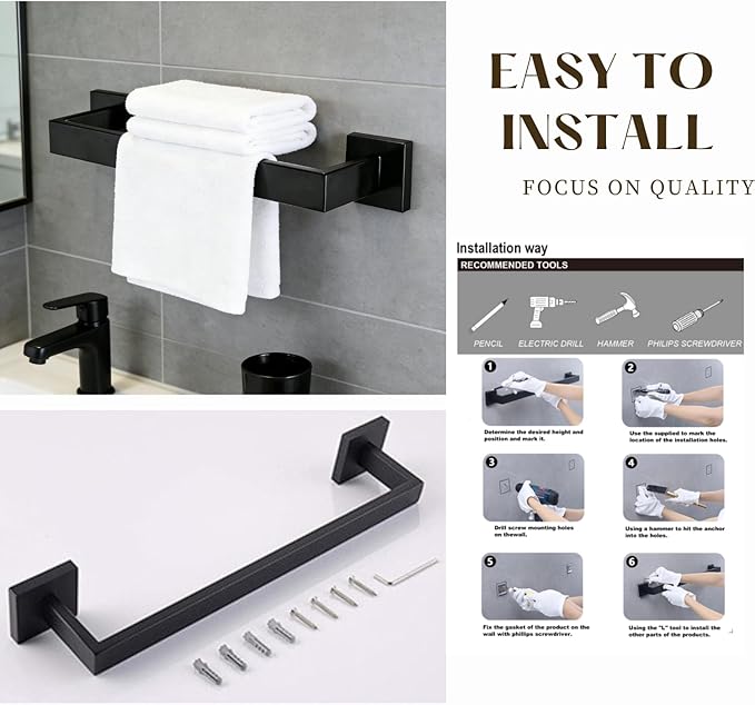 24 Inch Bathroom Towel Bar SUS304 Stainless Steel Matte Black Towel Holder Wall Mounted Heavy Duty Towel Rack Bathroom Towel Rod Modern Square Base Design(1, Matte Black, 24 Inch)