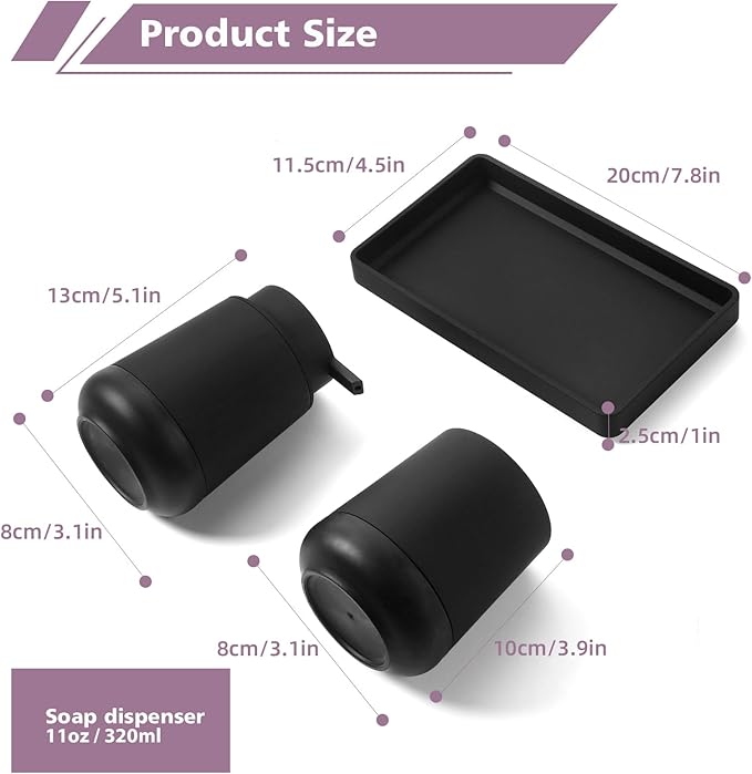 GAHEFY Black Bathroom Countertop Accessories Set - Soap Dispenser and Toothbrush Holder with Silicone Boot,Vanity Tray (Black Liquid)