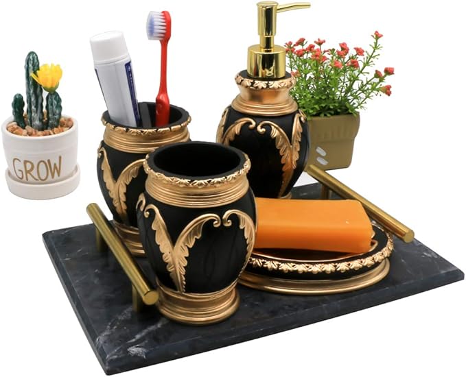 LUANT 4 Pieces Bathroom Accessory Set Including Tumbler, Toothbrush Holder, Soap Dish and Soap Dispenser, Black with Gold