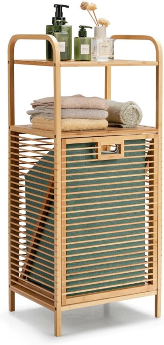 Bamboo Bathroom Storage Shelf with Tilt Out Laundry Hamper Tall Freestanding Organizer with Two Open Shelves for Towels and Toiletries Removable Fabric Bin 38 Inch Height Bathroom Furniture