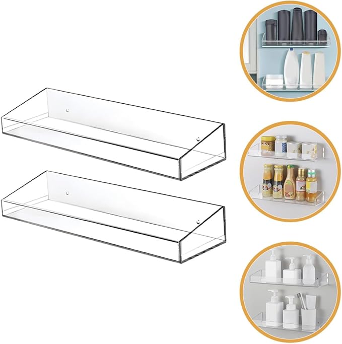 SOLUSTRE Acrylic Wall Mounted Storage Rack 2pcs Kitchen Seasoning Rack Bathroom Shelves Floating Toiletries Organizer for Home Storage
