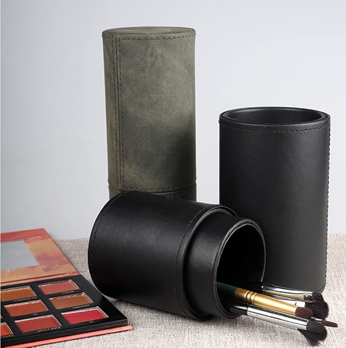 PU Leather Makeup Brush Holder Travel Makeup Brushes Case Makeup Brush Case Organizer Cosmetic Cup Cylinder Makeup Brush Storage Box with Button for Women (Black)