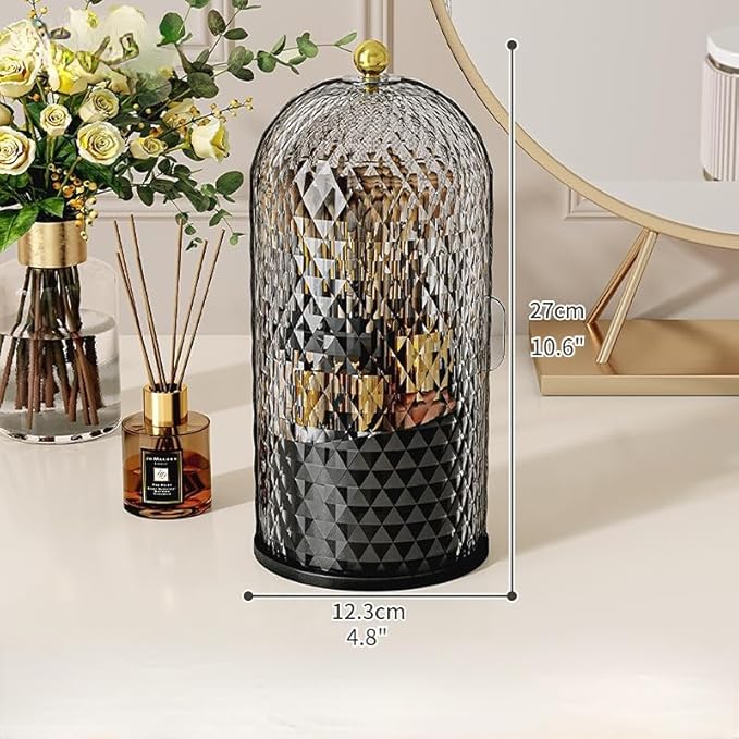 Makeup Brush Holder Organizer with 360° Rotating Lid Dustproof Makeup Brushes Organizer for Vanity Desktop Bathroom Countertop Clear Cover Easy Visibility (Black)